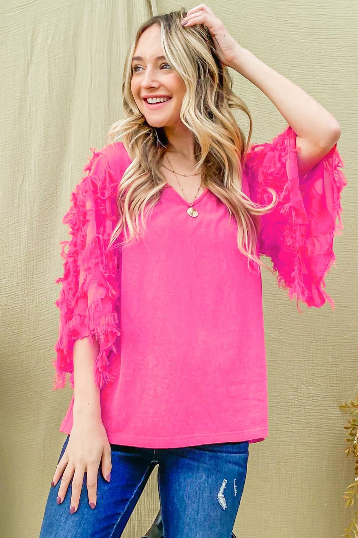 Feather Detailed 3/4 Sleeve Top-Pink