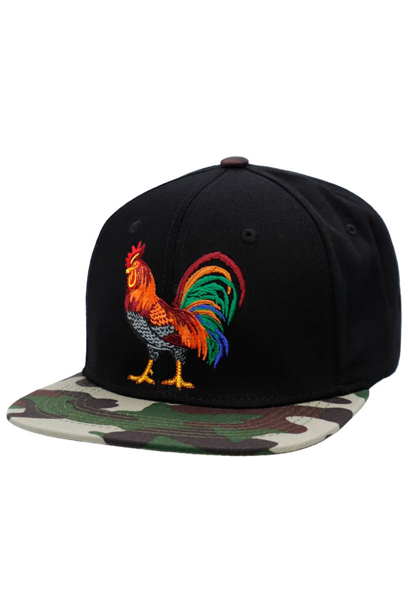 Rooster El Gallo Six Panel Flat Bill Snap Back: Black/Green Camo