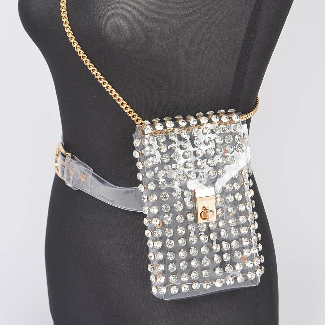 Rhinestone Clear Belt Bag W/Chain