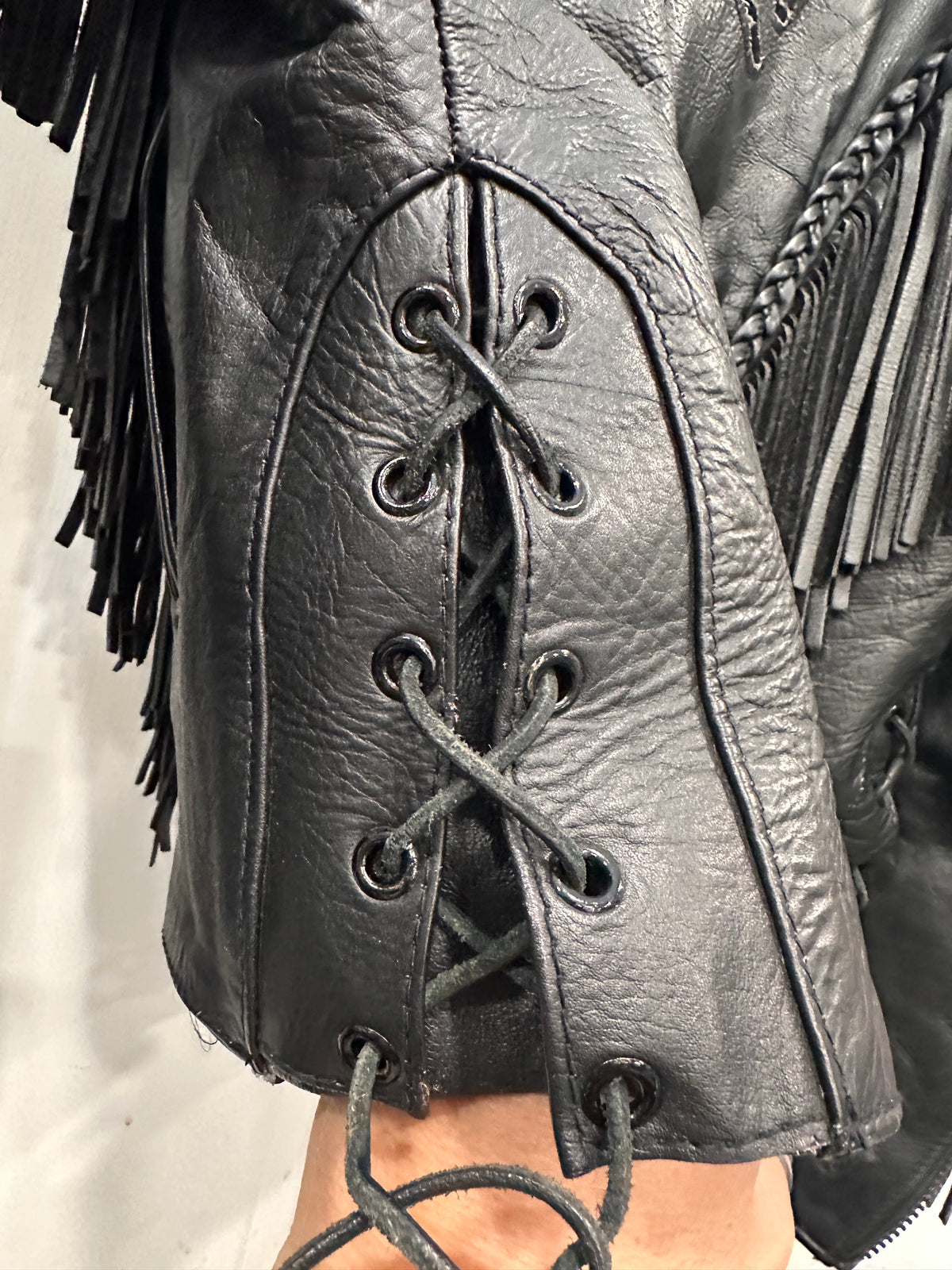 Black  Leather Motorcycle Jacket Rose Cut Tassel Small