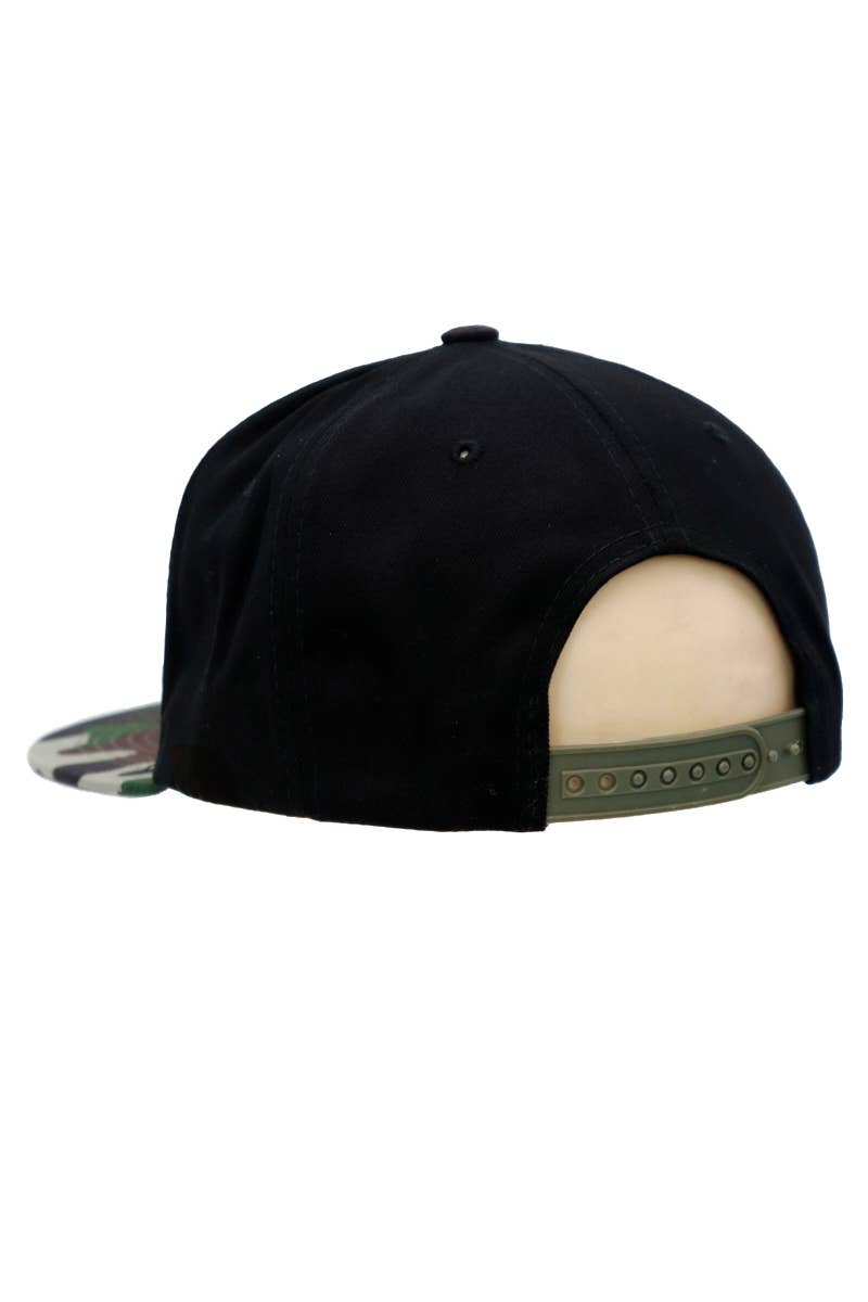 Rooster El Gallo Six Panel Flat Bill Snap Back: Black/Green Camo