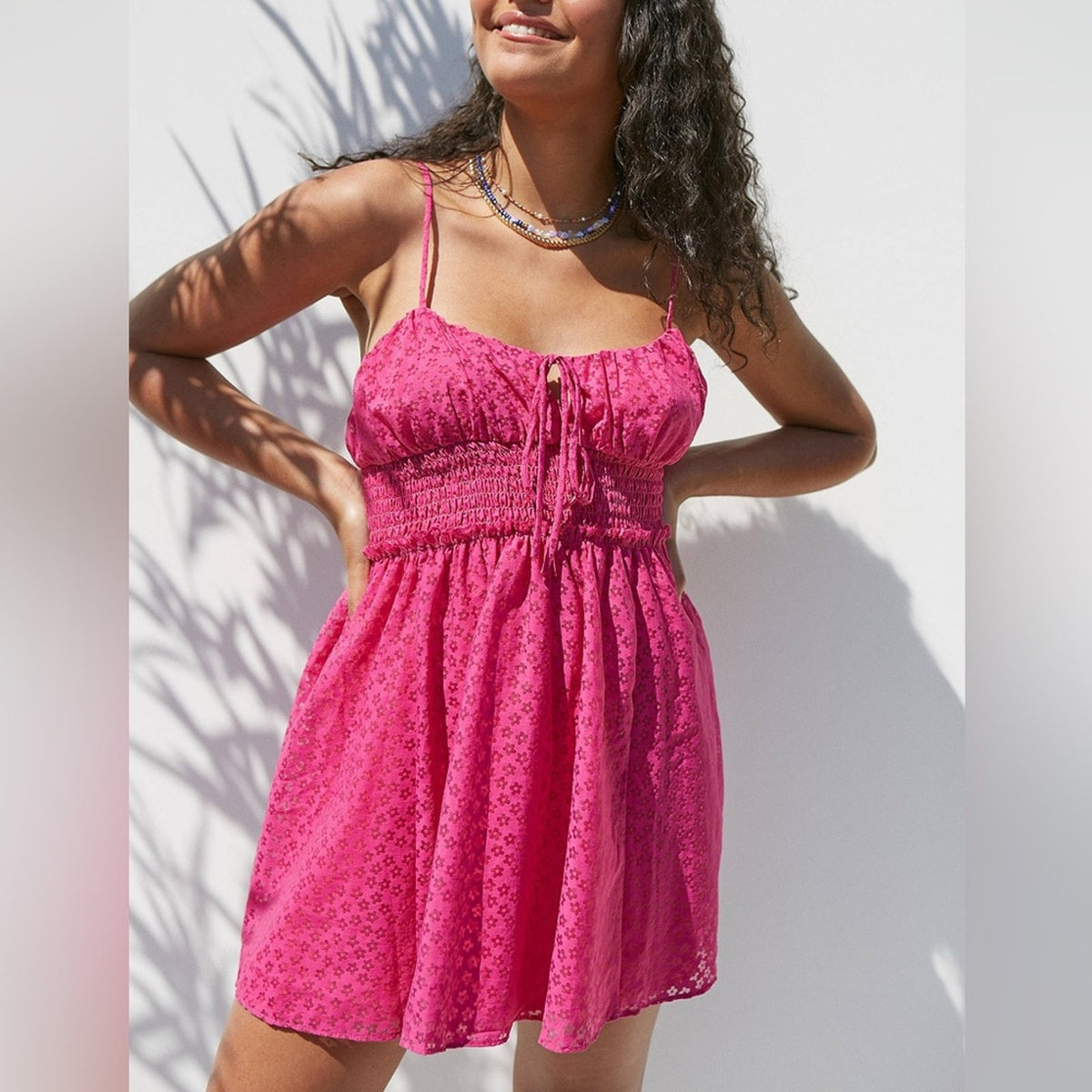 Pink Urban Outfitters Riley Smocked Waist Mini Dress NWT