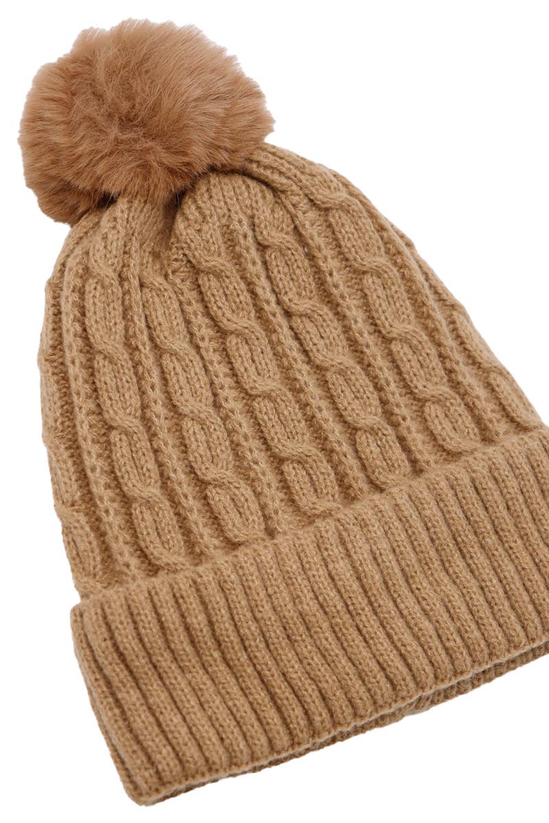 Cable Knitted Fuzzy Sherpa Fleece Lined Beanie