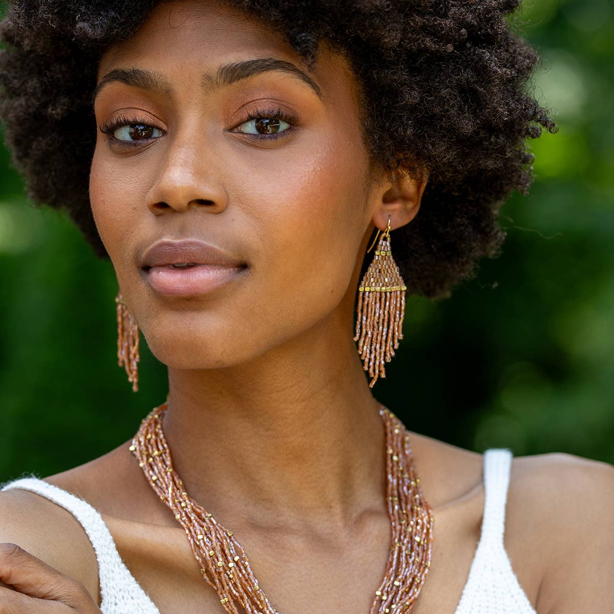 Seedbead Tapered Fringe Earrings - Shimmering Gold