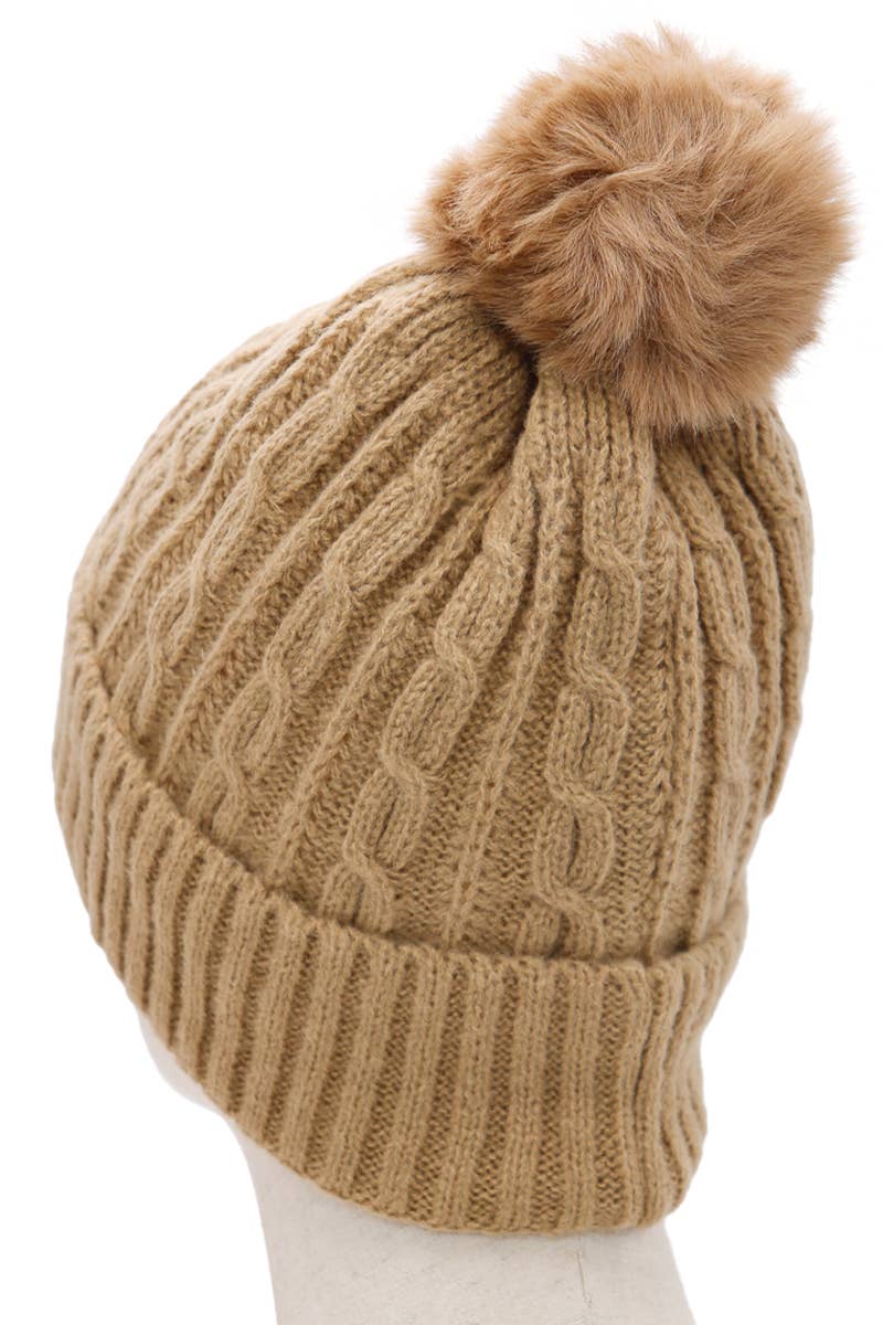 Cable Knitted Fuzzy Sherpa Fleece Lined Beanie