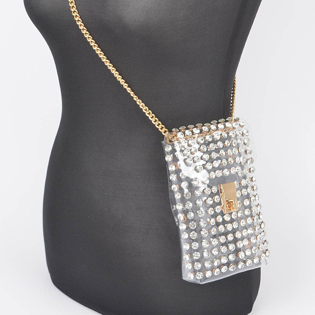 Rhinestone Clear Belt Bag W/Chain