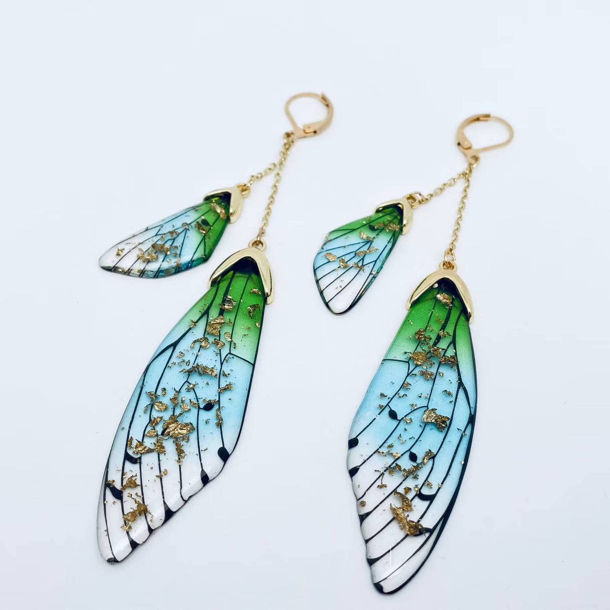 Butterfly Wings Ear Clip Gradient Color Cicada Wing Earrings: Green-Gold Foil