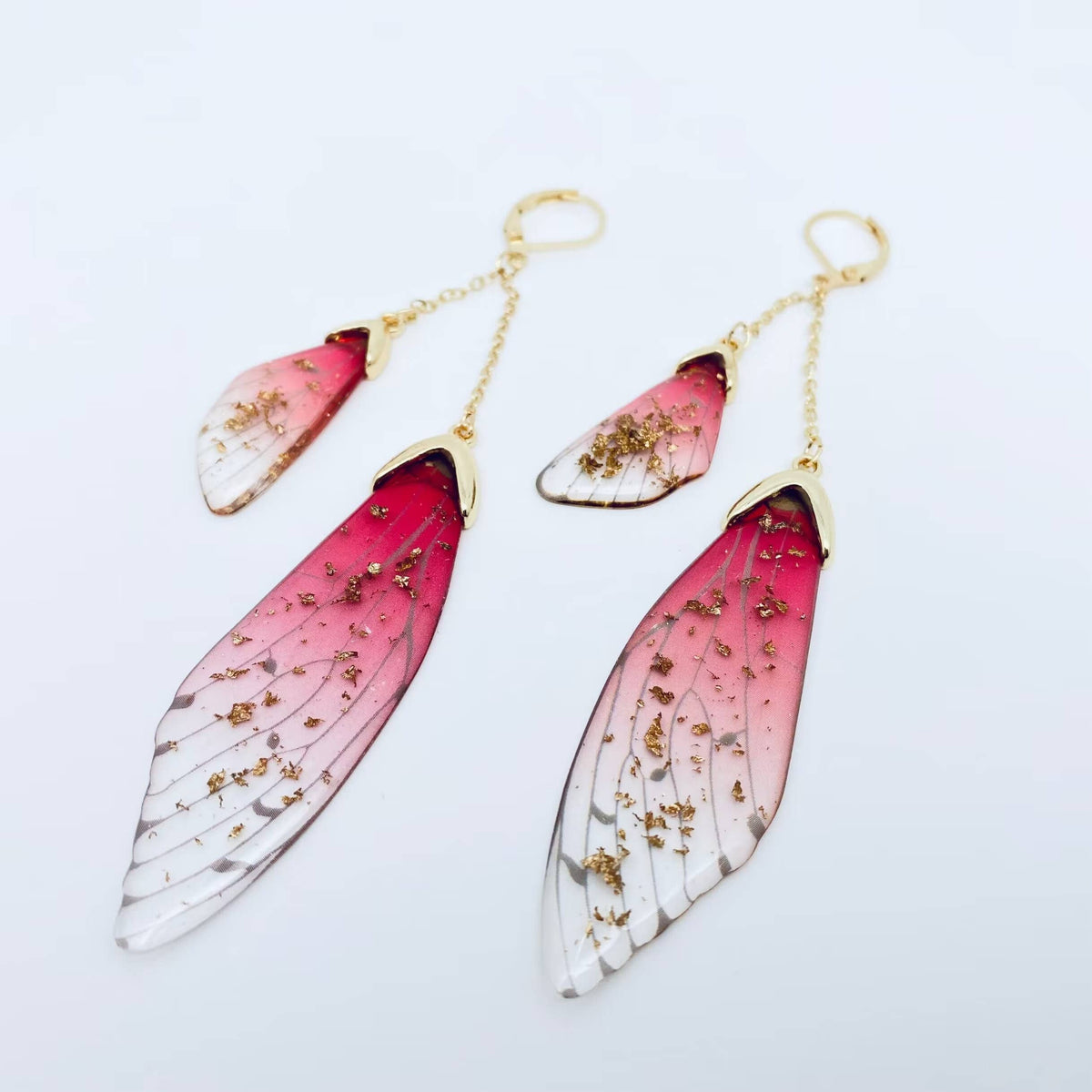 Butterfly Wings Ear Clip Gradient Color Cicada Wing Earrings: Rose Red-Gold Foil