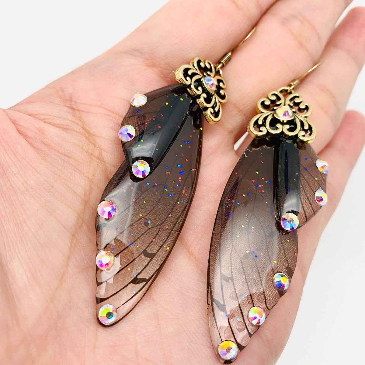 Handmade Fairy Wings Earrings Insect Butterfly Wing: Bronze Black