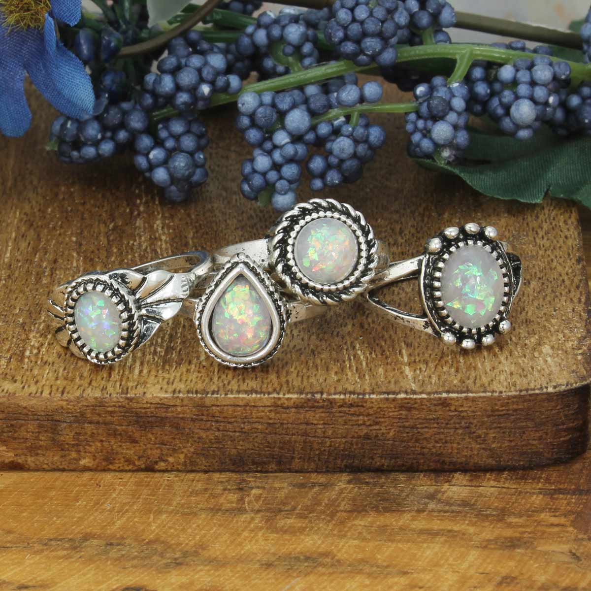 Opal & Silver Band Ring Set