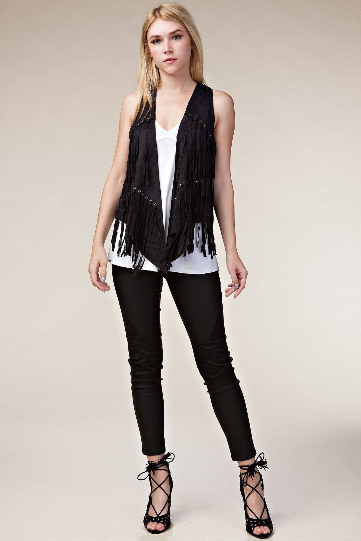 Fringe Vest with Eyelets: Camel / L