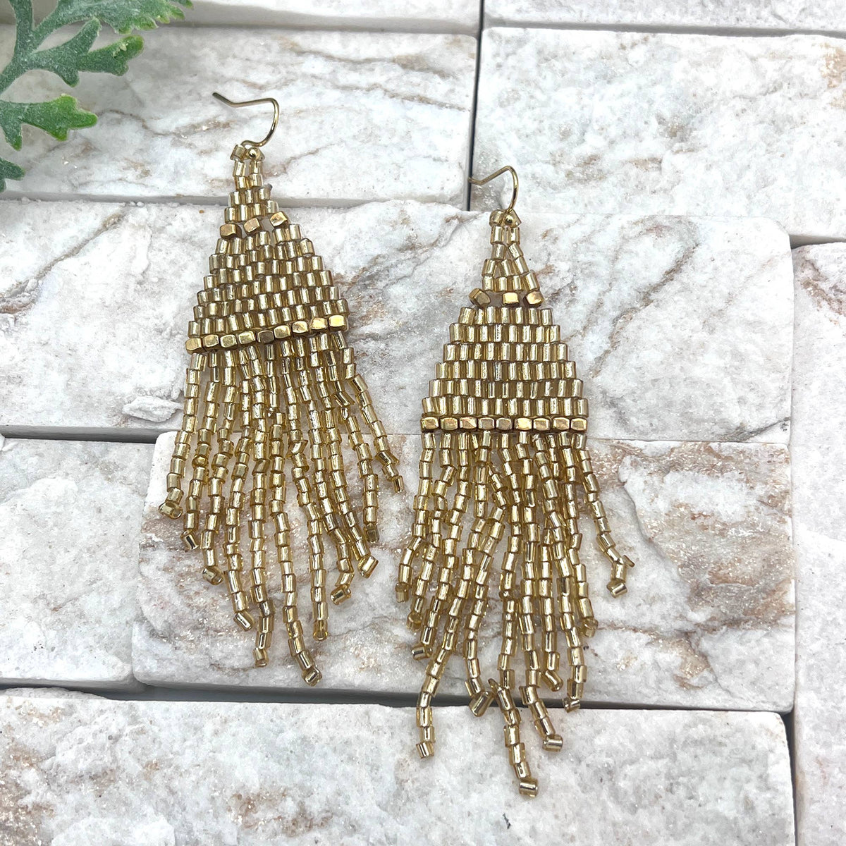 Seedbead Tapered Fringe Earrings - Shimmering Gold