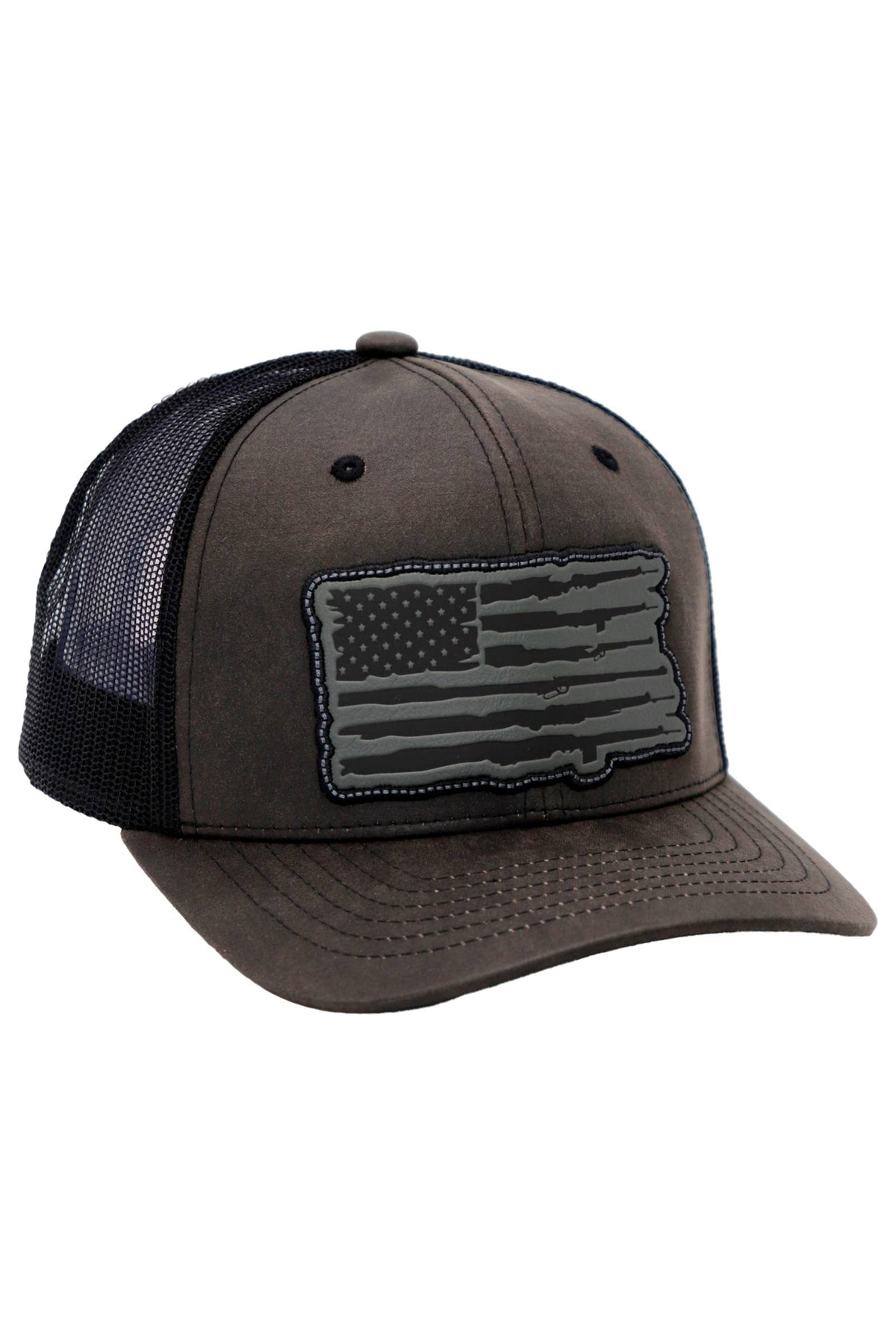 Rifle American Flag Oiled Faux Leather Trucker Hat: Black