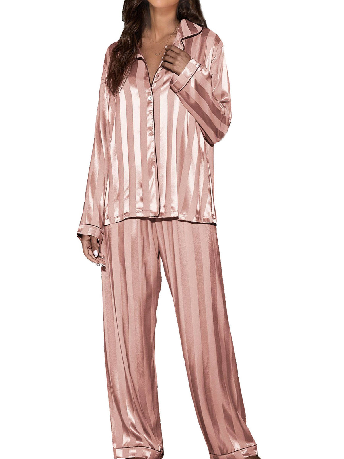 2 Piece Button Front Sleepwear Pants Set Loungewear: M / Pink