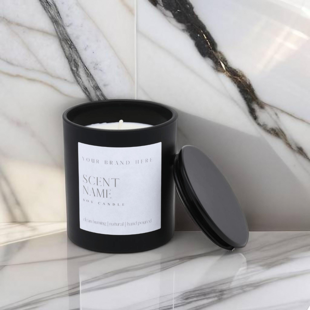 10oz Unlabeled Black Matte  Jar Soy Candle Private Label: Tobacco Sandalwood