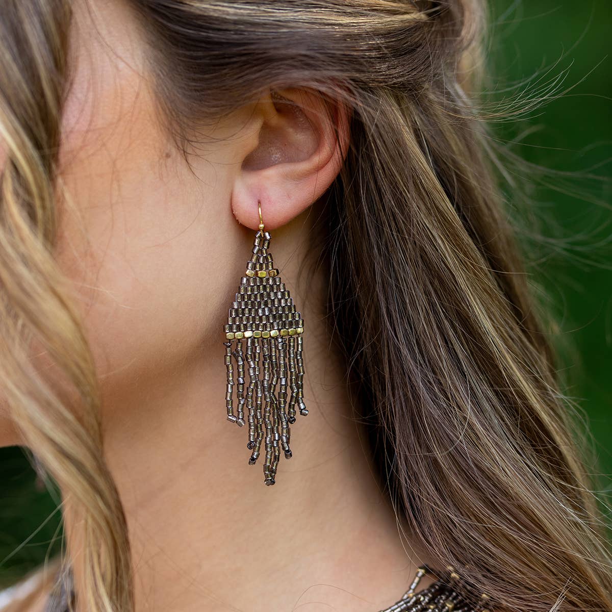Seedbead Tapered Fringe Earrings - Shimmering Gold
