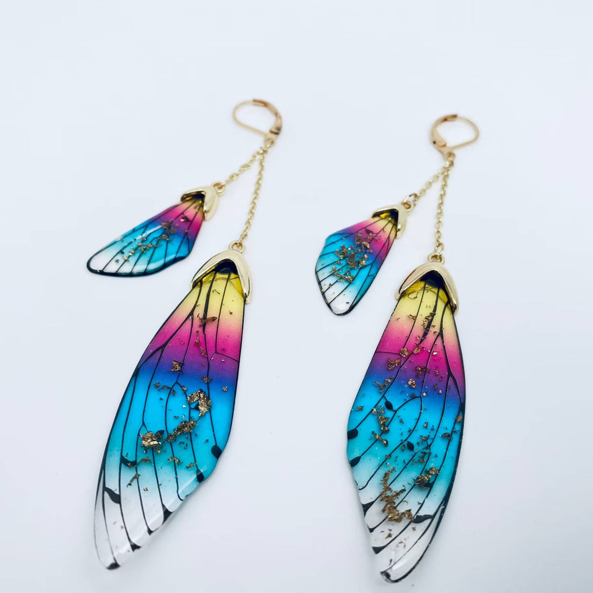 Butterfly Wings Ear Clip Gradient Color Cicada Wing Earrings: Rainbow-Gold Foil