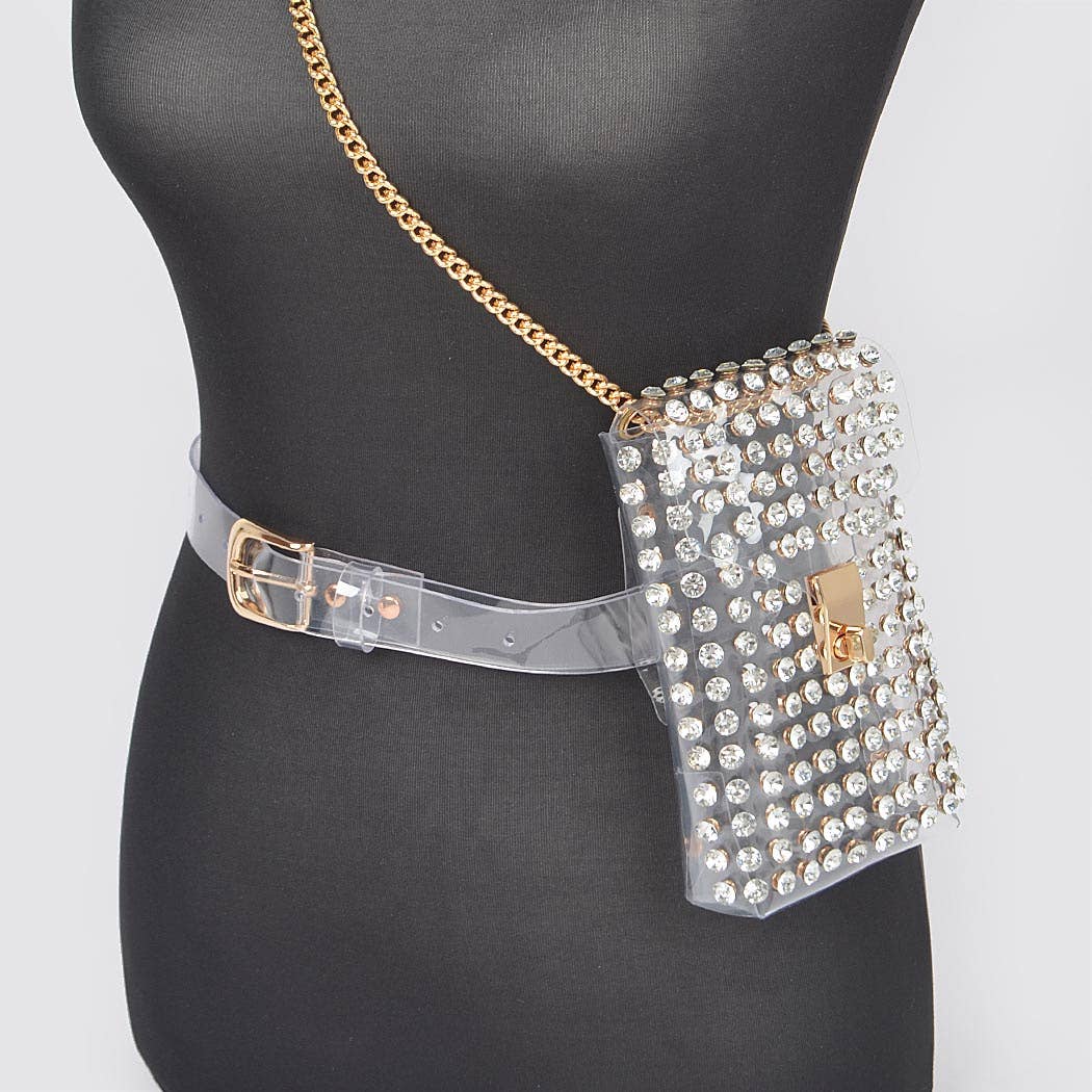 Rhinestone Clear Belt Bag W/Chain