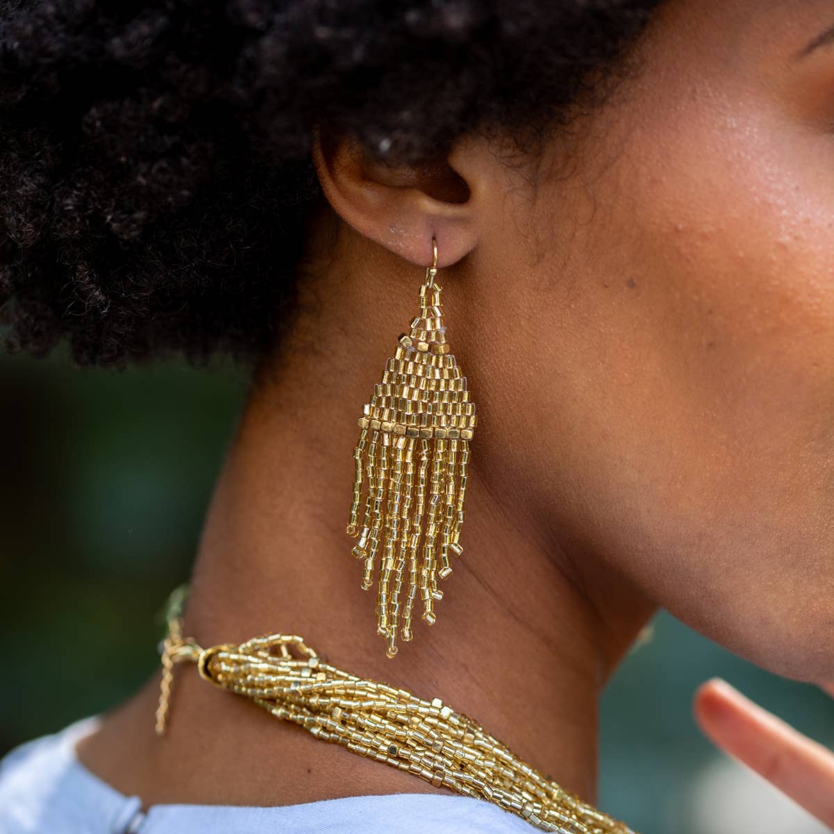 Seedbead Tapered Fringe Earrings - Shimmering Gold