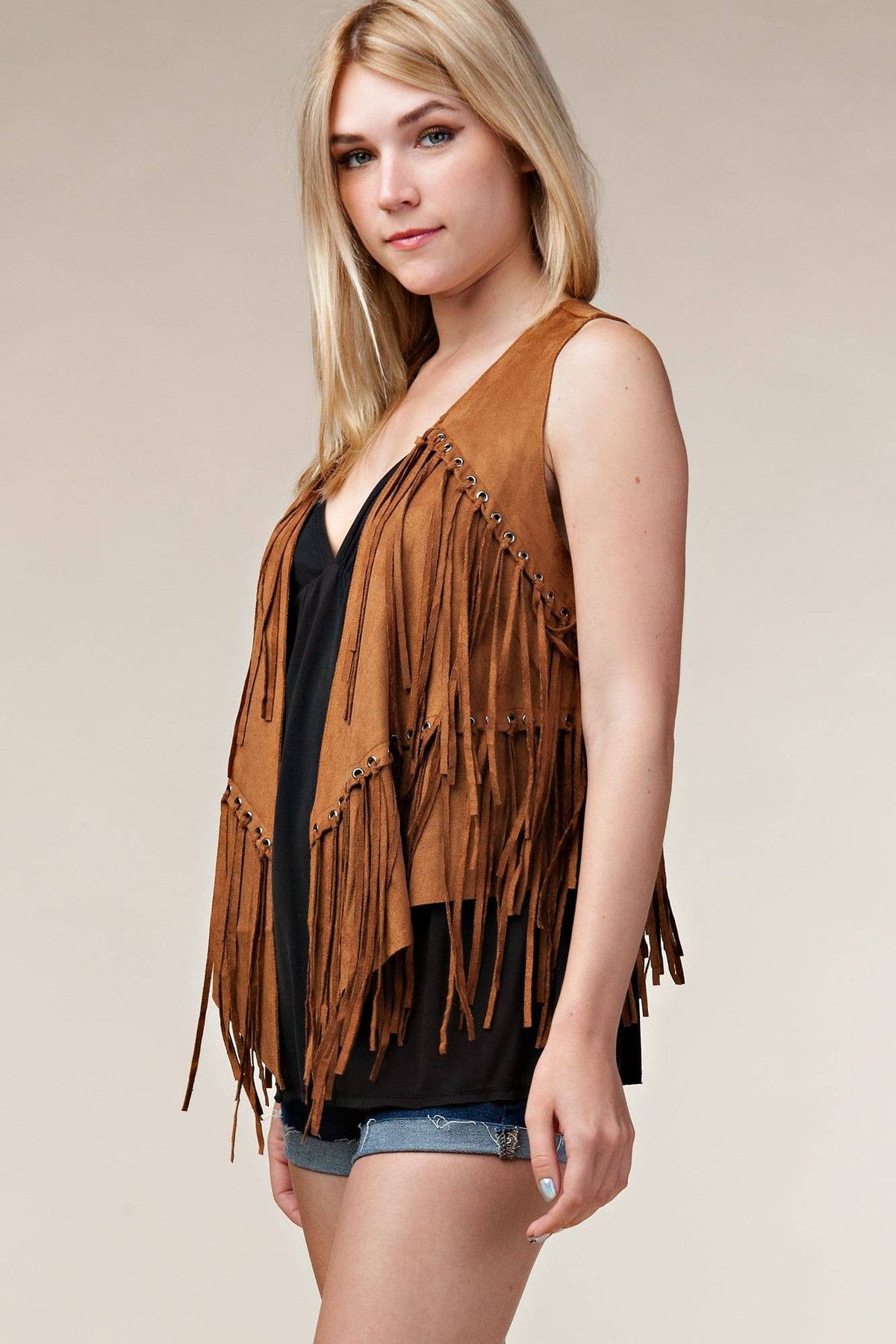 Fringe Vest with Eyelets: Camel / XL