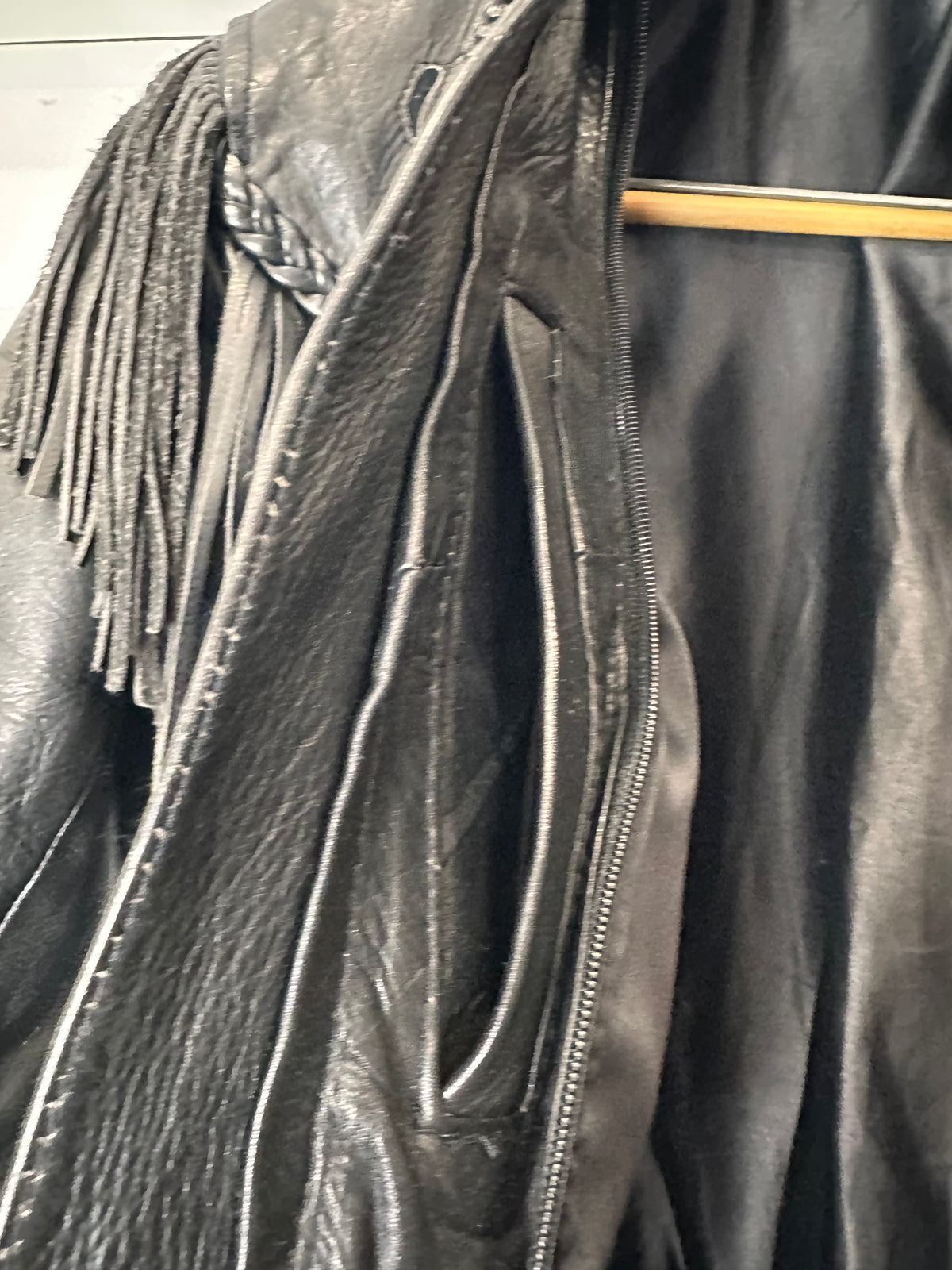 Black  Leather Motorcycle Jacket Rose Cut Tassel Small