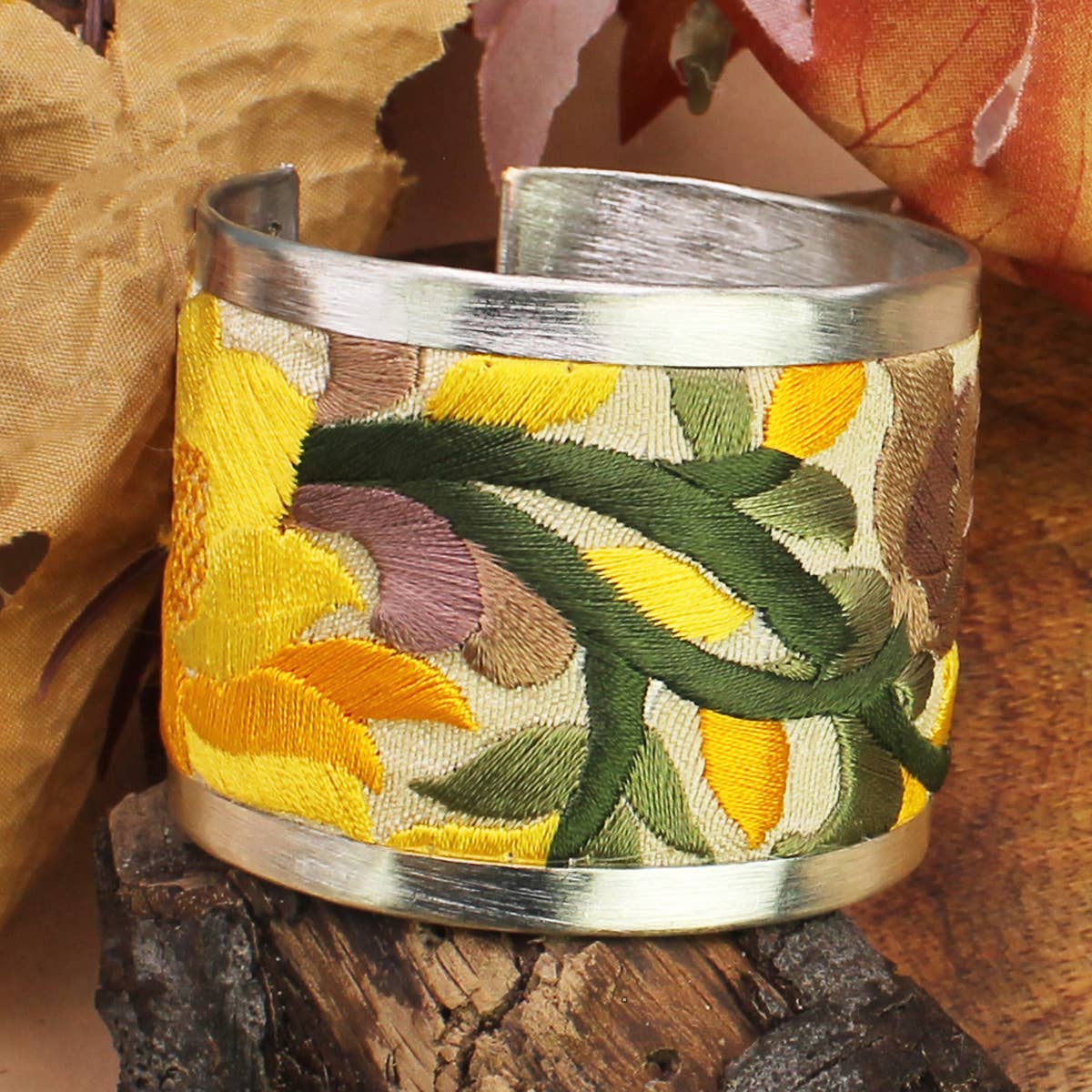 Yellow Flower Embroidered Elegance Cuff Bracelet