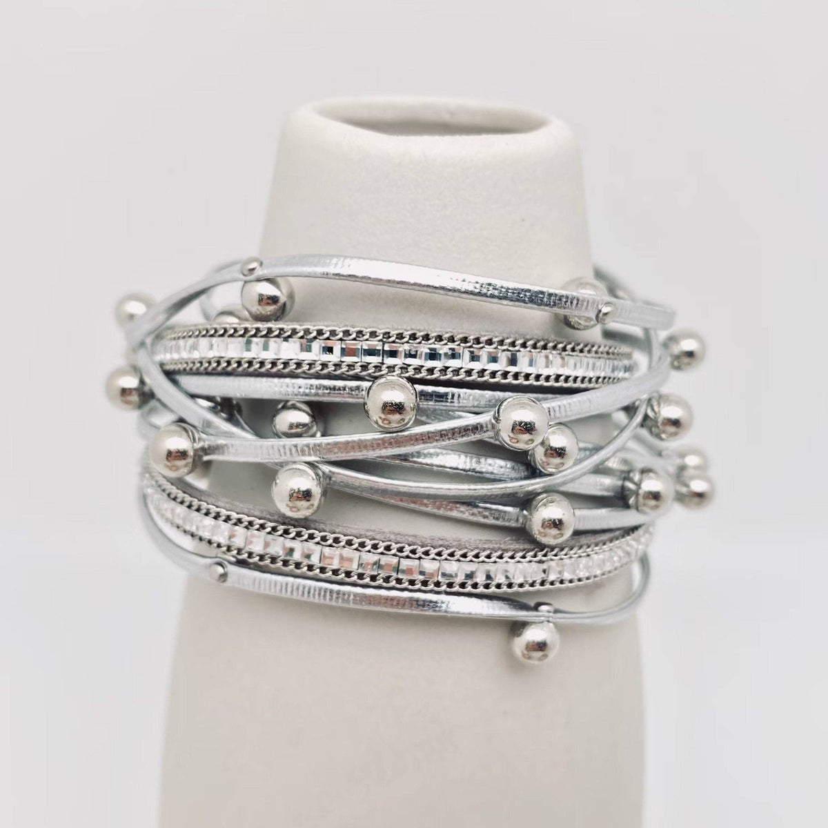 Metal Beads Pearl Multi-Layer PU Leather Bracelet: Coffee + Metal Beads