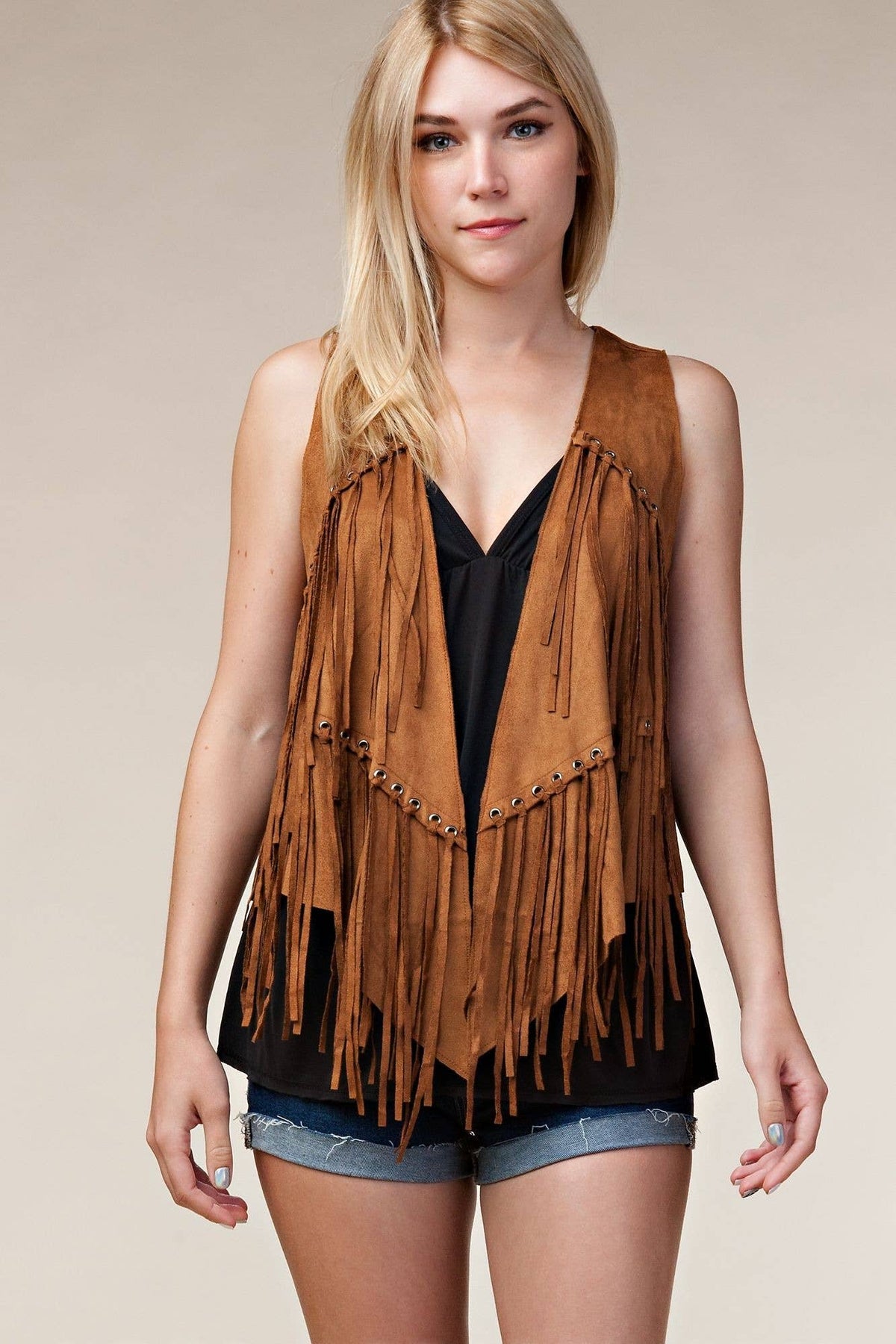 Fringe Vest with Eyelets: Camel / L