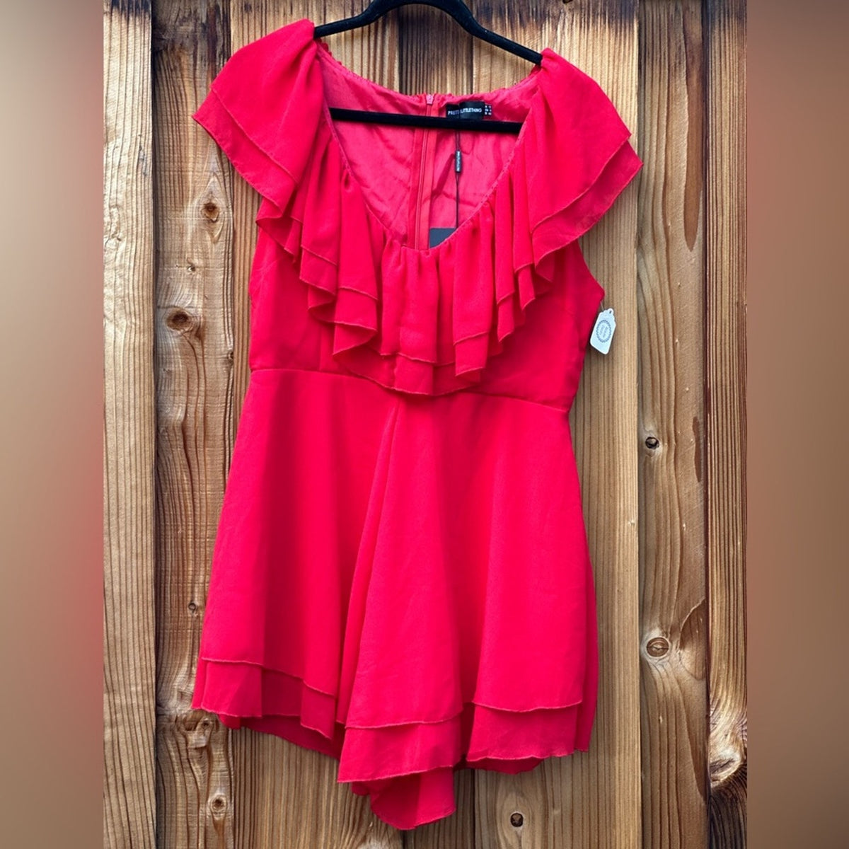pretty little thing red chiffon ruffle dress Red off shoulder dress PrettyLittleThing
