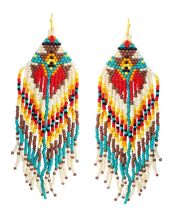 ( HX1070 )  SEEDBEAD TASSEL DROP AZTEC PATTERN EARRING