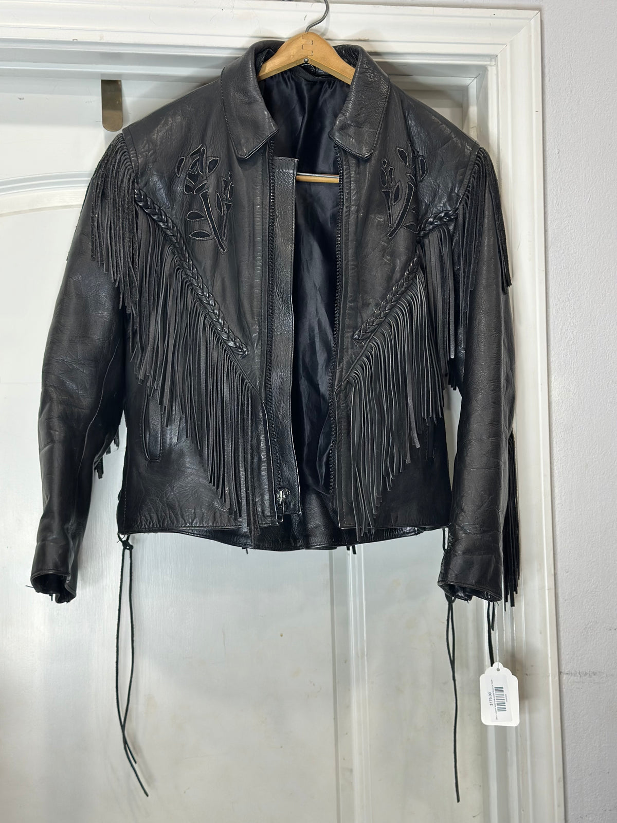 Black  Leather Motorcycle Jacket Rose Cut Tassel Small