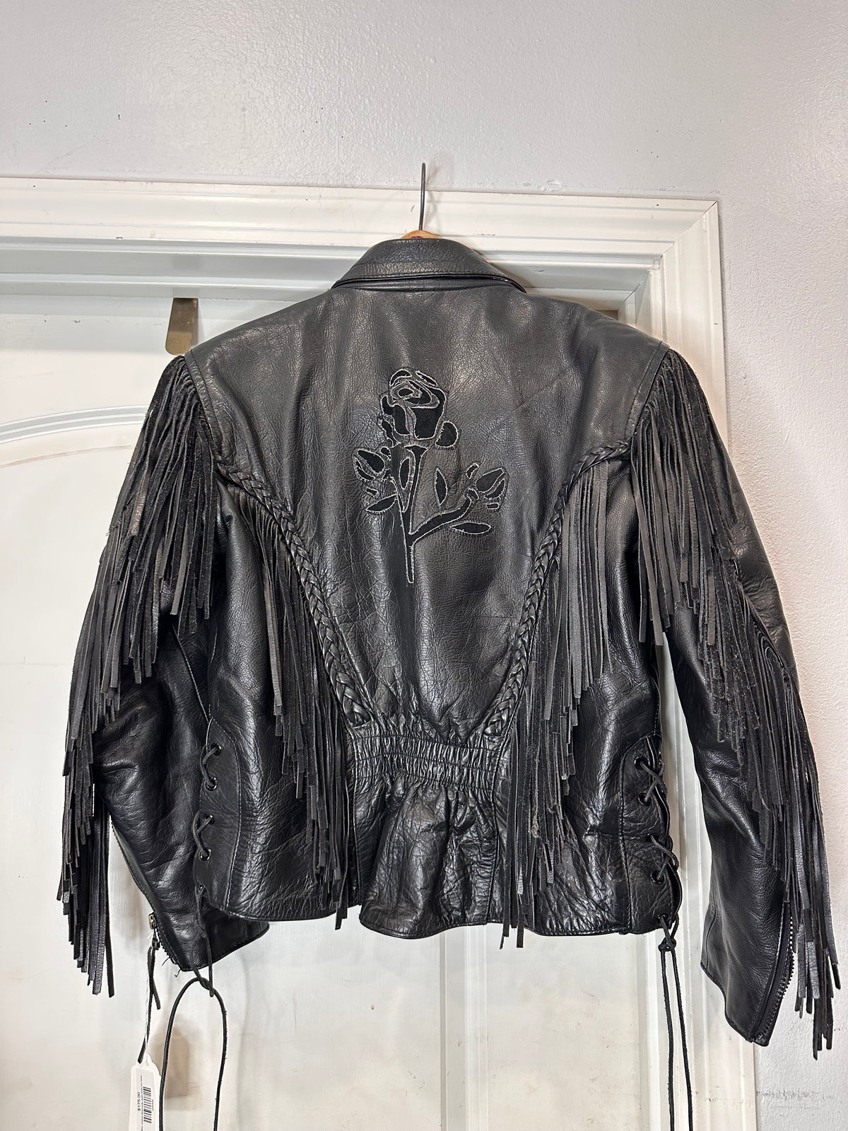 Black  Leather Motorcycle Jacket Rose Cut Tassel Small