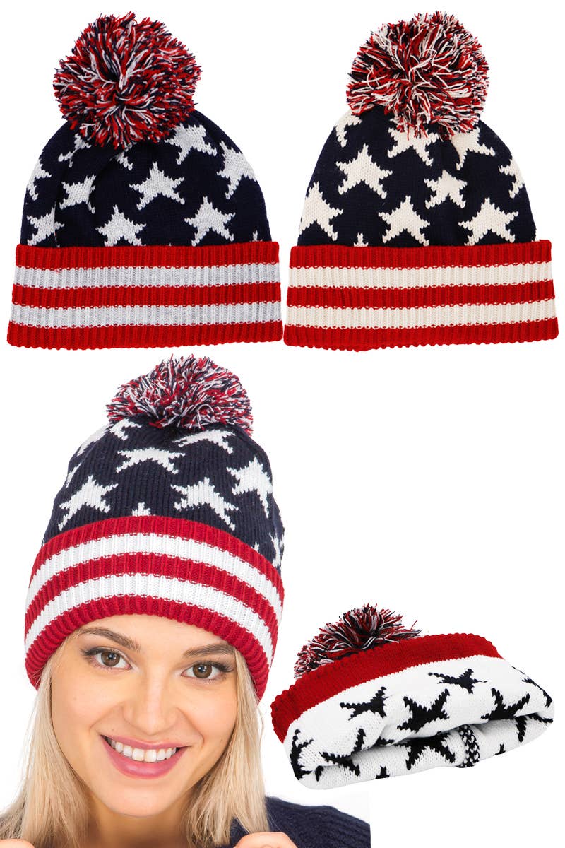 American Flag Chunky Knitted Pom Pom Beanie