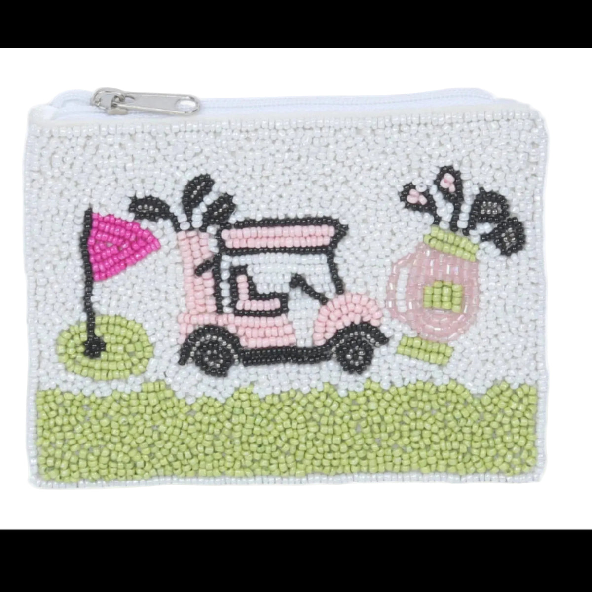 Beaded pouch with a golf cart and flag design on a white background