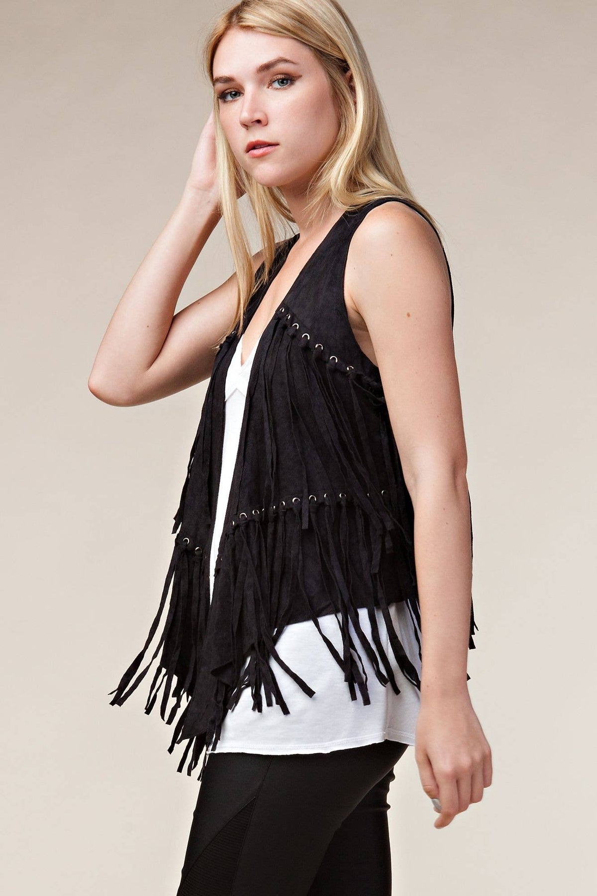 Fringe Vest with Eyelets: Camel / L