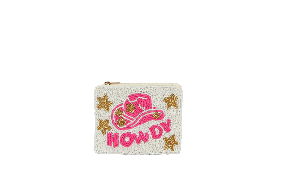 Ladies White Fully Beaded HOWDY Theme Coin Purse