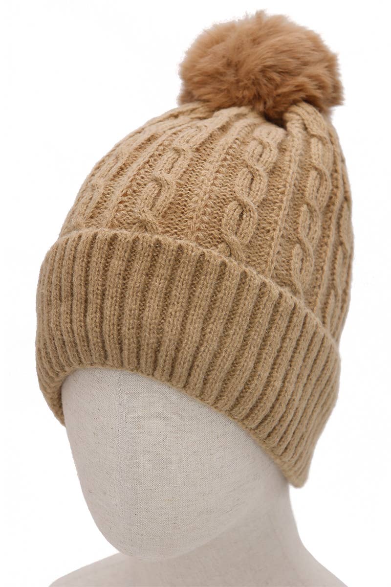 Cable Knitted Fuzzy Sherpa Fleece Lined Beanie