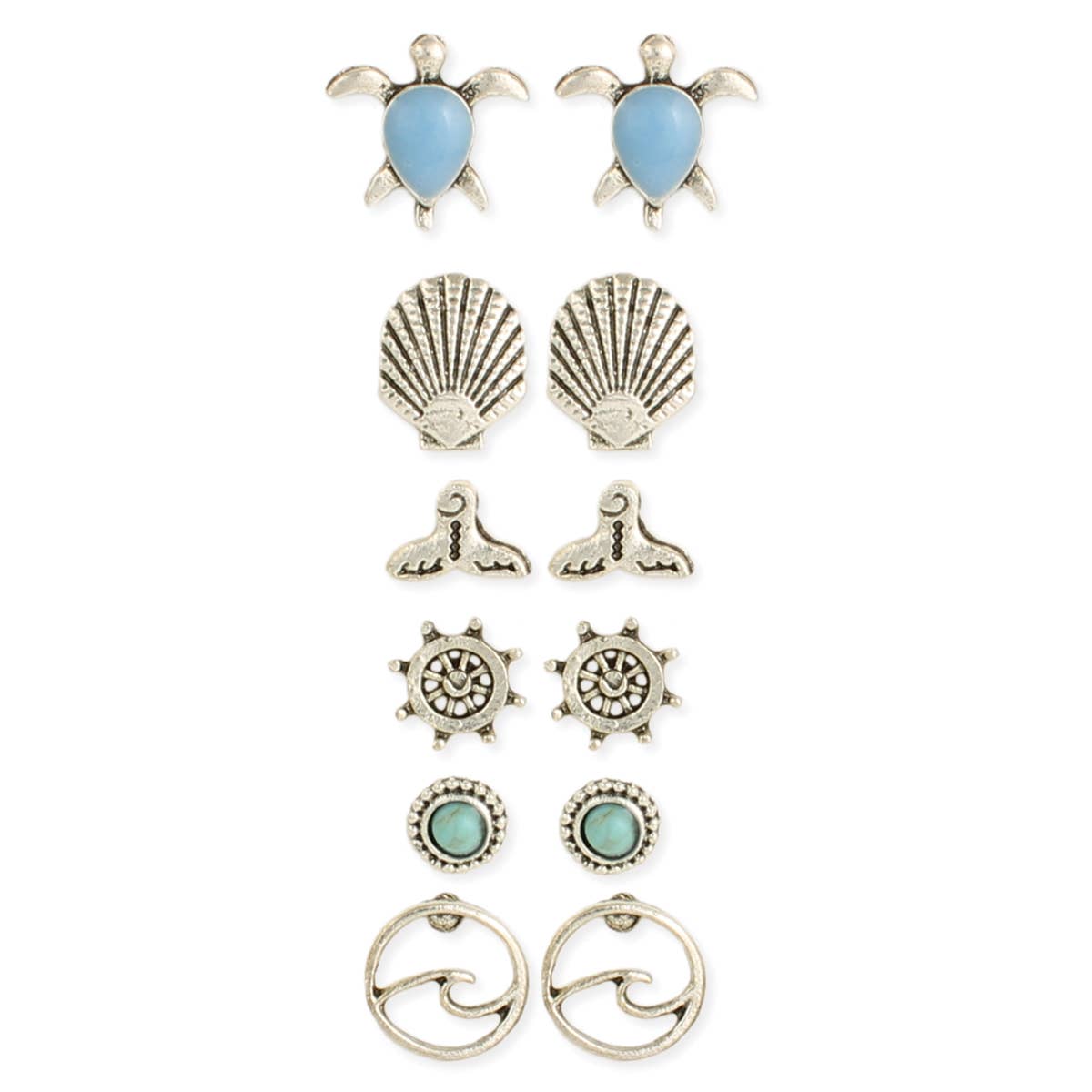 Nautical Icons Ocean Theme Silver Post Earrings - Set of 6