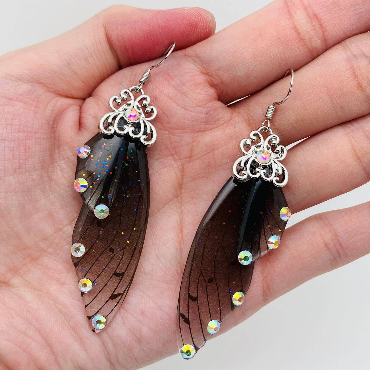 Handmade Fairy Wings Earrings Insect Butterfly Wing: Black silver