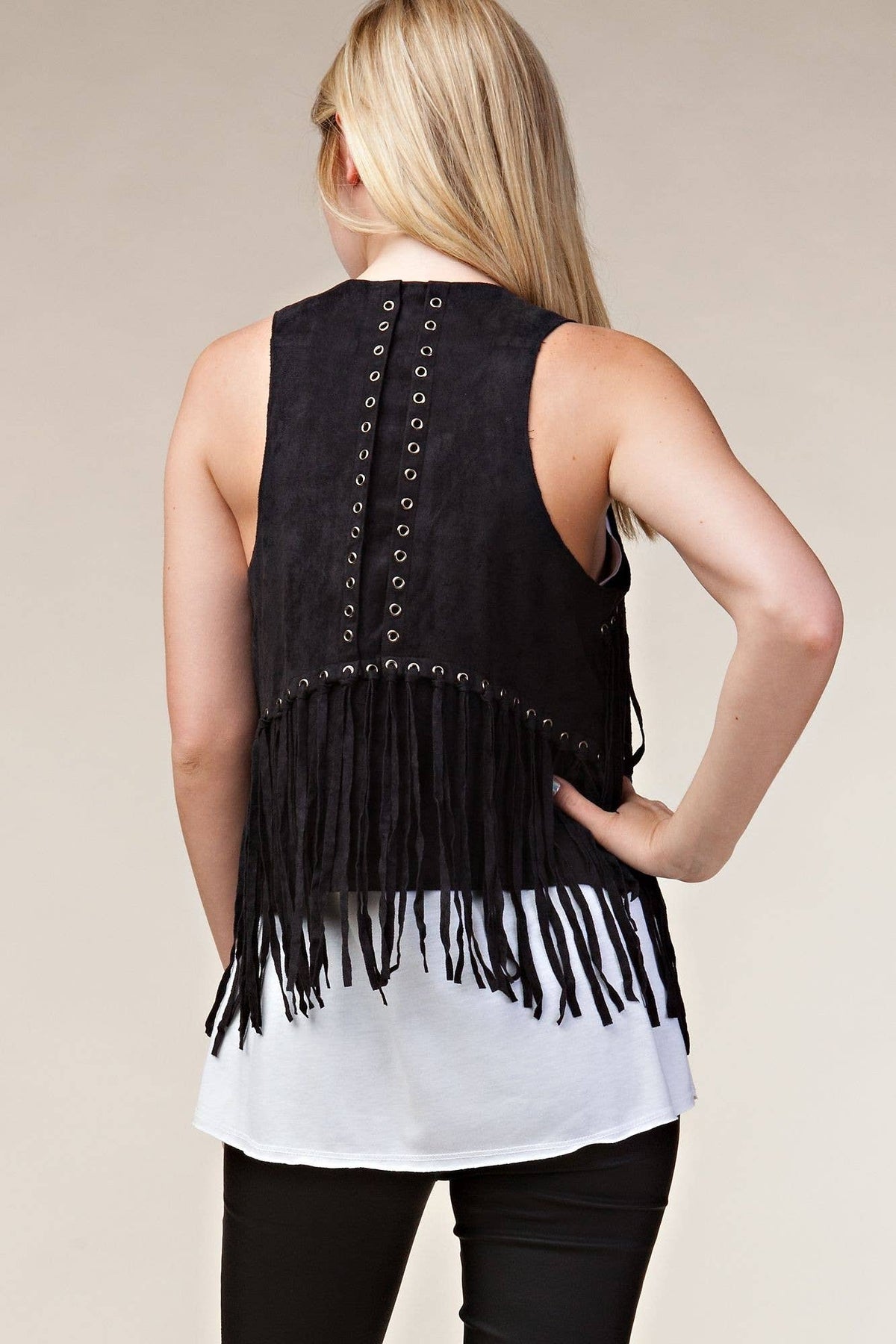 Fringe Vest with Eyelets: Camel / L