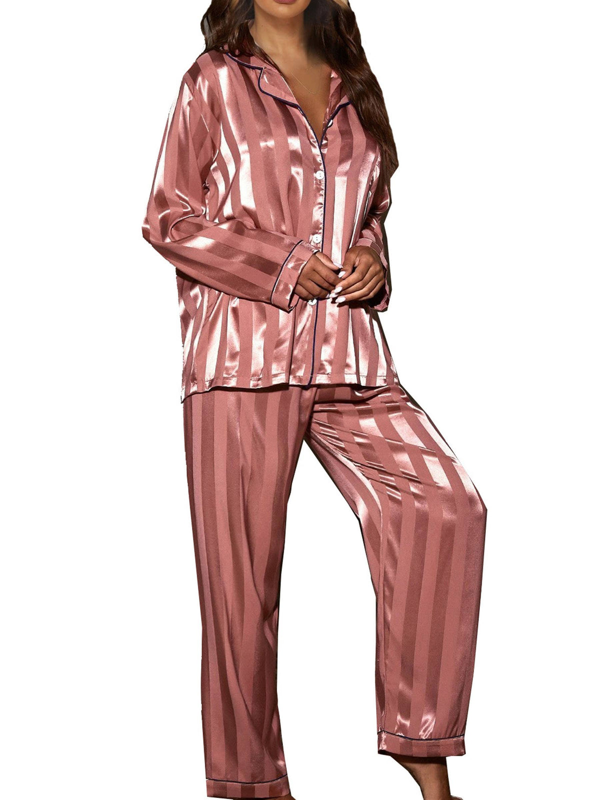 2 Piece Button Front Sleepwear Pants Set Loungewear: M / Pink
