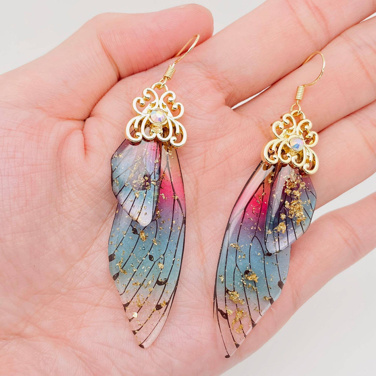 Handmade Fairy Wings Earrings Insect Butterfly Wing: Gold foil and colored