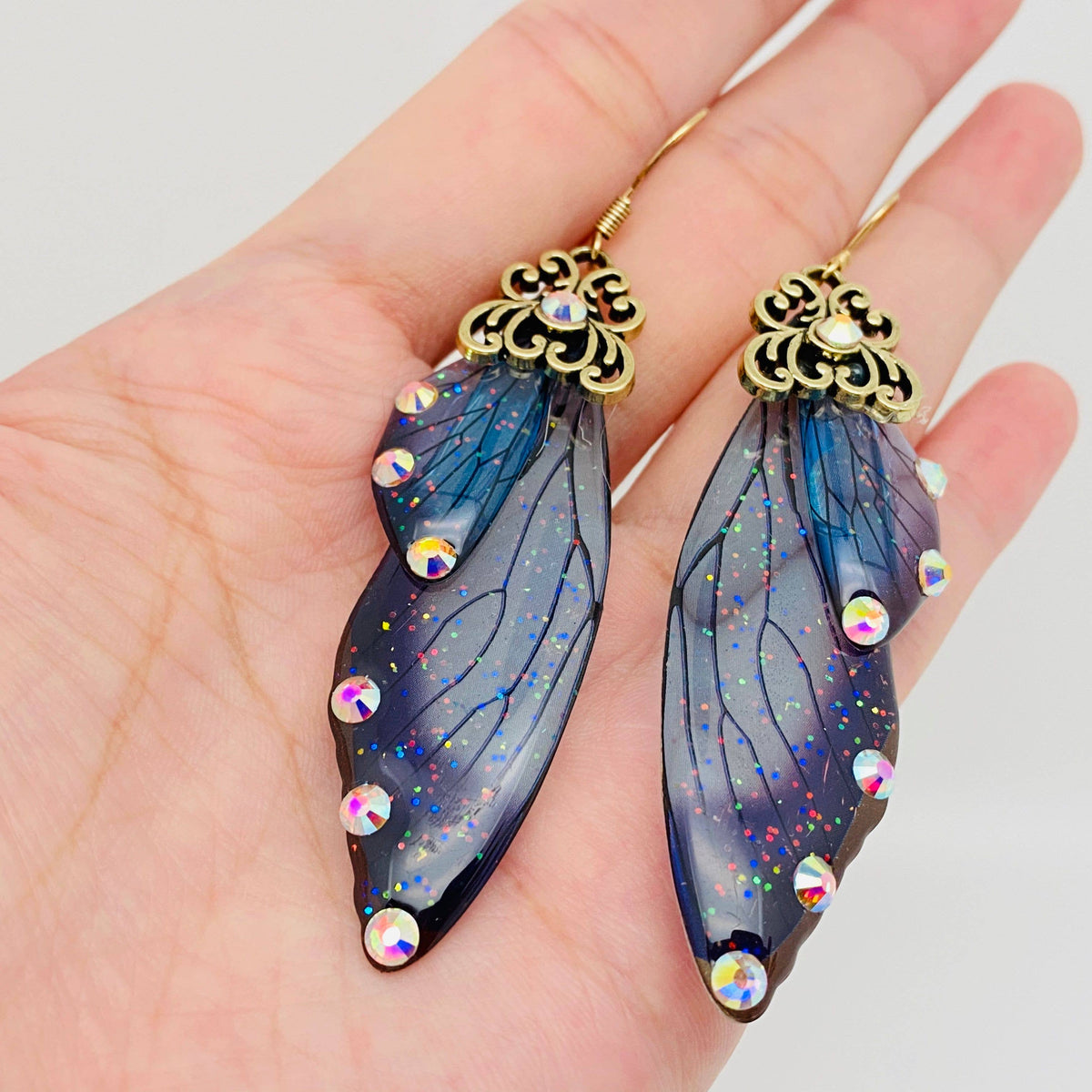 Handmade Fairy Wings Earrings Insect Butterfly Wing: Blue bronze