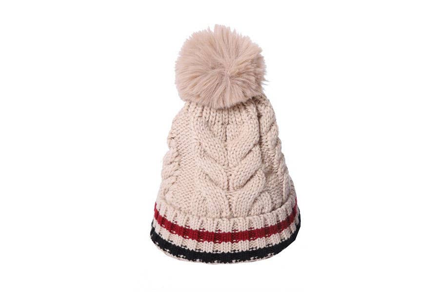 Ladies Faux Fur Pom Pom Winter Crochet Beanie Hat: Beige