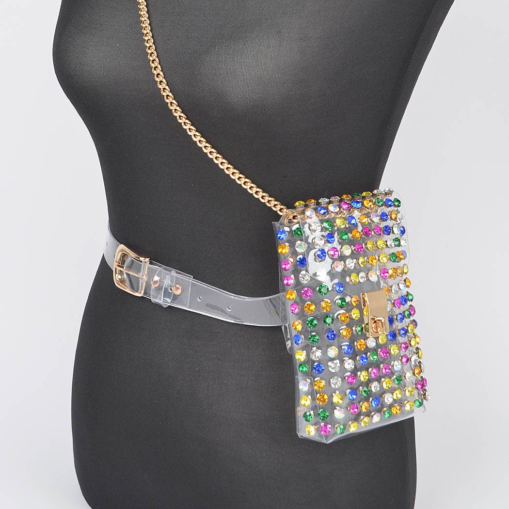 Rhinestone Clear Belt Bag W/Chain