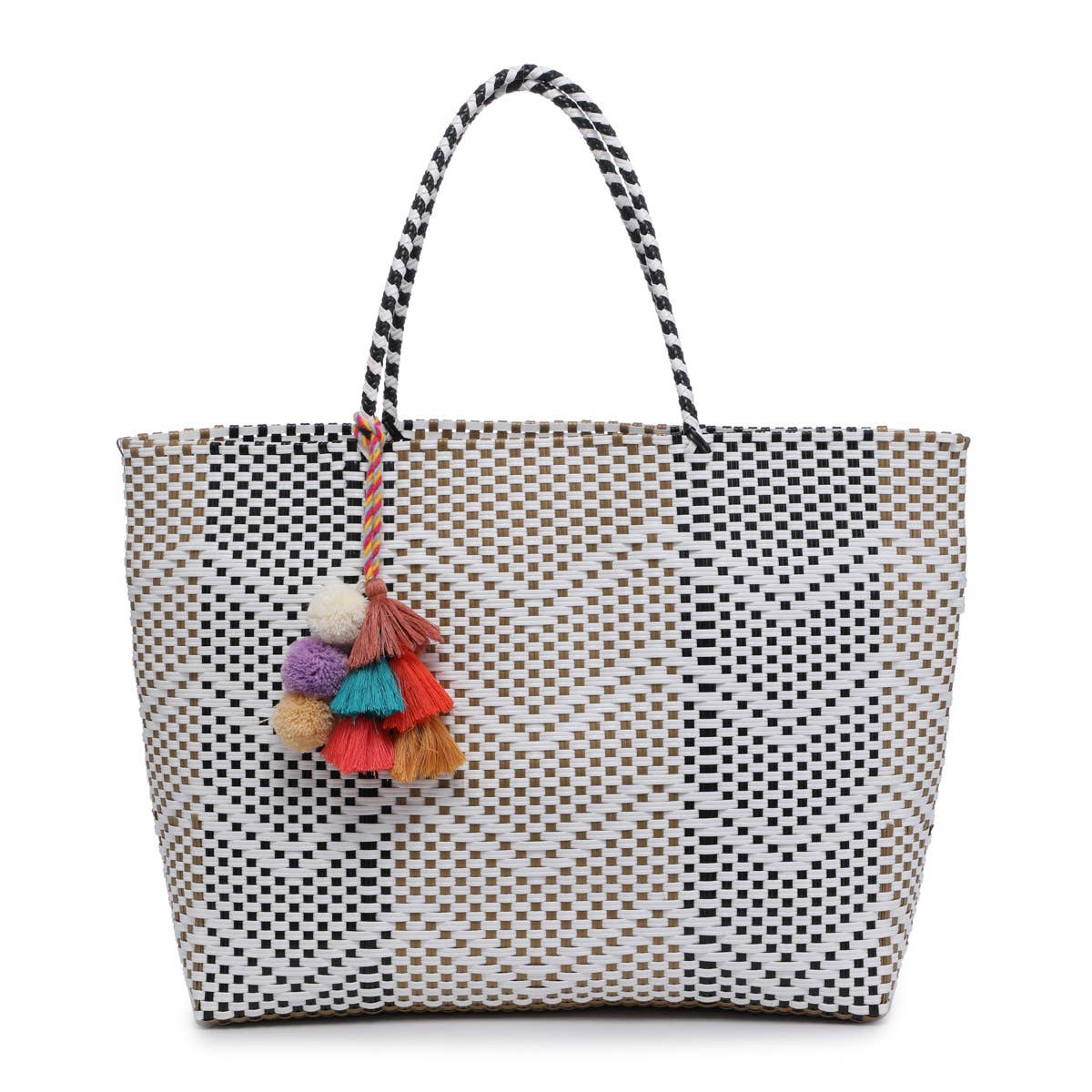 Shelby Large Handwoven Tote w/ Pom-Poms- Beige