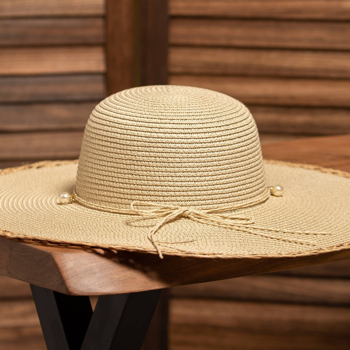 Pearl Straw Floppy Hat-Beige
