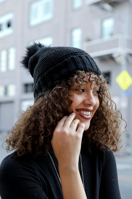 Black Pom Beanie Sherpa Lined