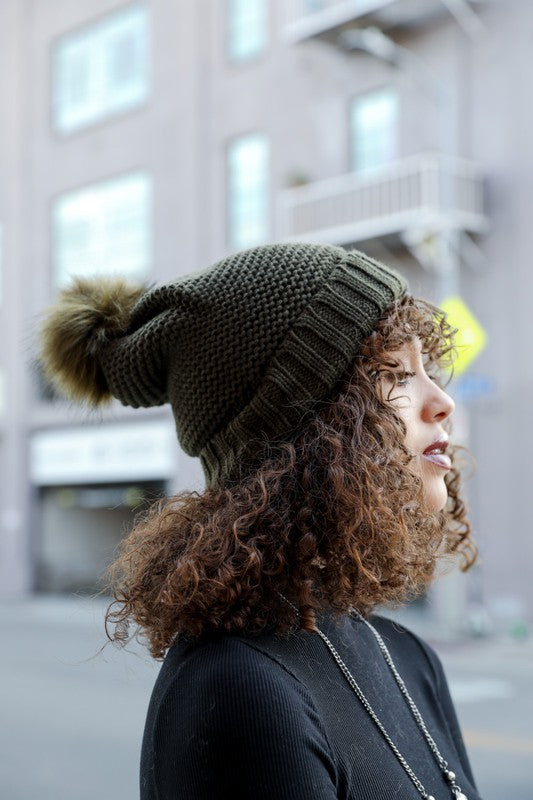 Olive Pom Beanie Sherpa Lined