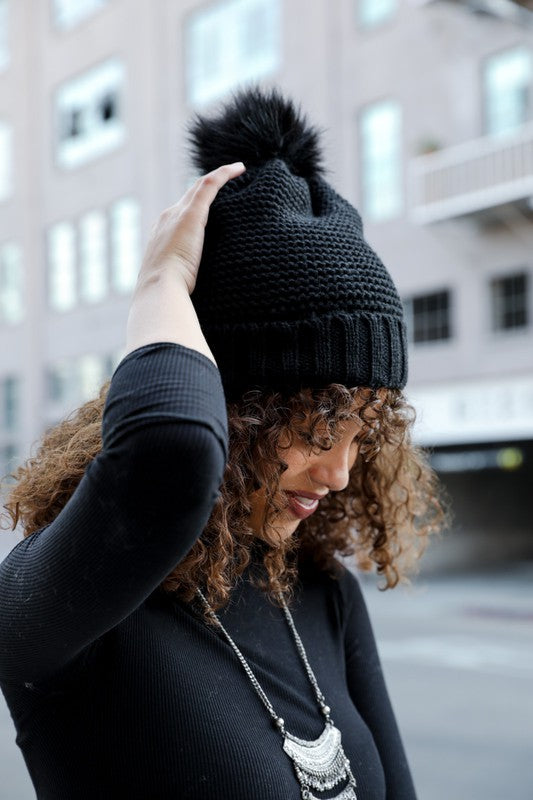 Black Pom Beanie Sherpa Lined